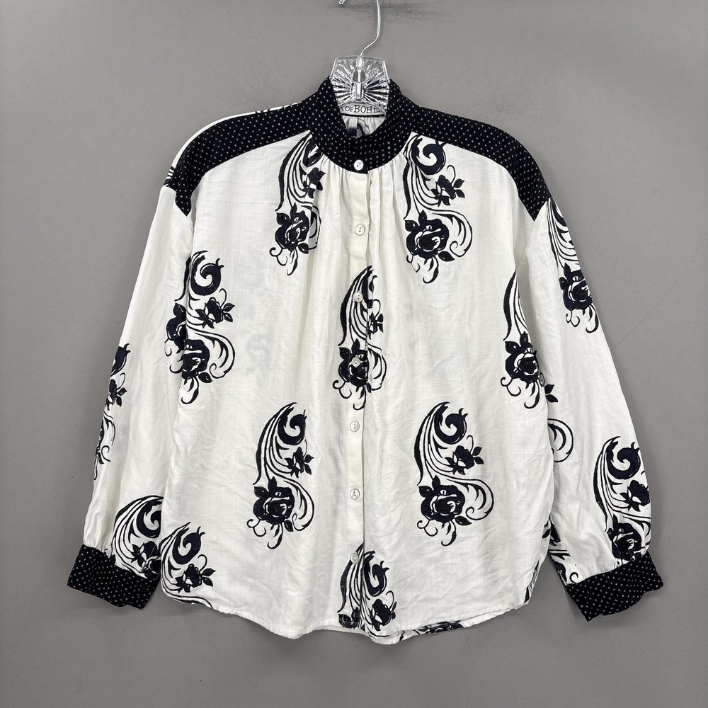 Alix Of Bohemia Blouse Womens XS White Floral High Neck Button Front Boho